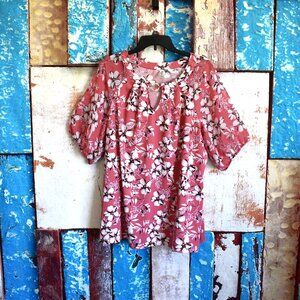 Women's Per Seption Top Blouse Floral Short Sheer Sleeves Career SIZE 1X Pink